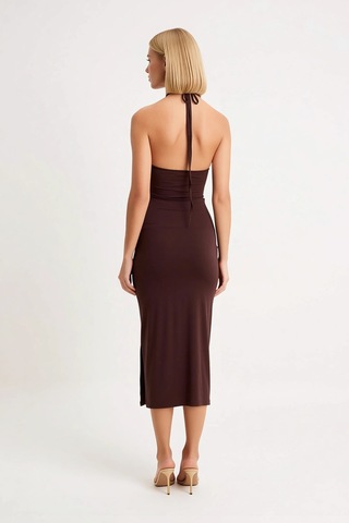 Benerly Kadın Halter Yaka Bodycon Midi Elbise İnce Askılı Astarsız Sandy Kahverengi