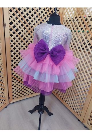 Uzun Kollu Barbie Elbise Rengarenk Pembe Gri