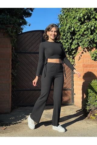 Sensuelle Kadın Yandan Bağlamalı Geniş Paçalı Fitil Kaşkorse İkili Takım Siyah