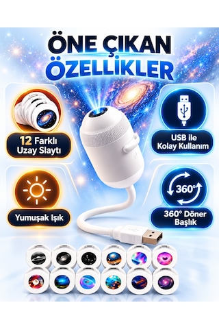 Yıldızlı Gökyüzü Projeksiyonlu Gece Lambası Kapsül Tasarım Dokunmatik Tuşlu Dekoratif Led Yıldız Projektör Çocuk Odası Yatak Odası Beyaz