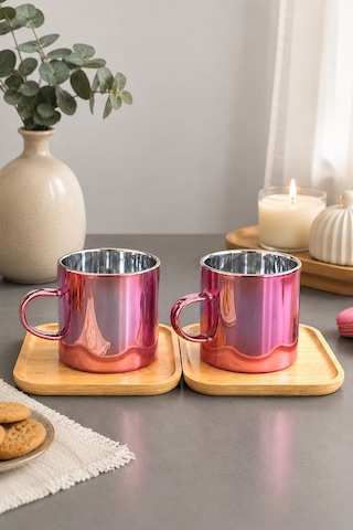 4 Parça 2 Kişilik Bambu Altlıklı Metalik Pembe Cam Kahve Fincan Takımı 100 Ml
