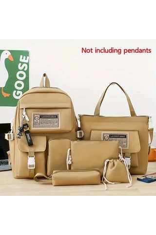 Honeybeeshop Haki 5 Adet Preppy Stil Okul Sırt Çantası Seti Tote Mesajcı Kalemlik Hediyeli