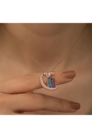 Ay Üstünde Oturan Aşık Çift Kedi Kolye Gümüş Kolye