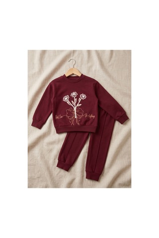 Deniva Kids Kız Çocuk Bordo Çiçek Nakışlı Paçası Ve Beli Lastikli Rahat Kalıp 2'li Takım