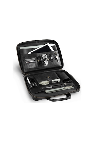 Hakiki Deri Tüm Apple Uyumlu MacBook , Notebook Modelleri Ile Omuz Askılı Organizer Çanta-120679 Siyah