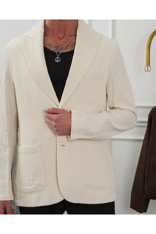 Modefendi %100 Pamuk Keten Modern Fit Keten Ceket Krem