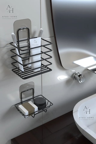 Atacı Paslanmaz Yapışkanlı Siyah Metal Banyo Rafı Düzenleyici 4'lü Set Kancalı Duş Rafı Sabunluk Rafı Siyah