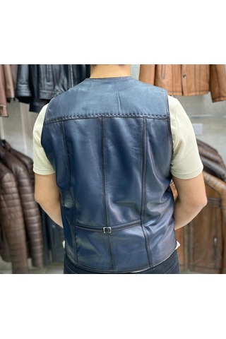 Hakiki Deri Lacivert Renk Yelek Slim Fit Kesim Lacivert