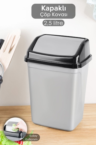 Kapaklı Plastik Çöp Kovası - Ev Ofis Banyo Mutfak Tezgah Üstü Çöp Kovası Gri 2,5 Litre Gri