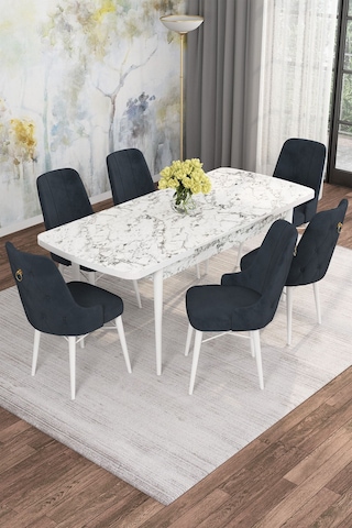 Mona Beyaz Mermer 80x132 Açılabilir Mdf Masa Yemek Odası Takımı, Mutfak Takımı 6 Adet Sandalye Beyaz Mermer - 6 Antrasit - Beyaz Ayak