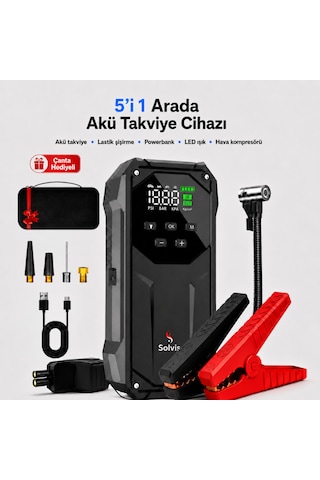 Solvis 5'i 1 Arada 12v Akıllı Akü Takviye Cihazı, Lastik Şişirme Pompası, Powerbank Ve Led Aydınlatma Çanta Hediyeli