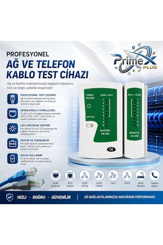 Primex Px-8070 Rj45 Rj11 Kablo Test Cihazı, Cat5 Cat6 Cat7 Cat8 Lan Ethernet Kablo Tester, Adsl Telefon Ve İnternet Kablosu Kontrol Cihazı, Led Göstergeli Network Kablo Test Aleti, 9v Pil İle Çalışır