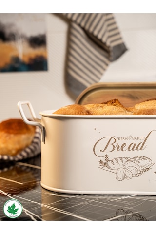 Lin Metal Ahşap Kapaklı Tel Kulplu Metal Ekmeklik - Krem