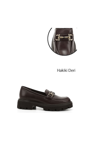 Gönderi R Kahve Antik Kalın Topuklu Tokalı Hakiki Deri Loafer Ayakkabı Kahve