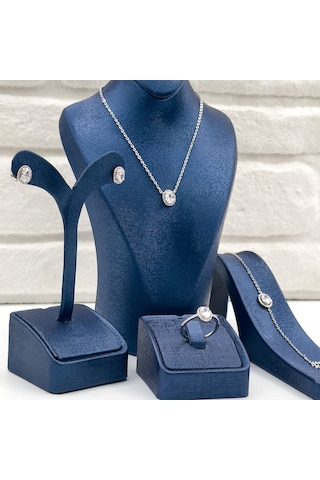 Zirkon Taşlı Oval Gümüş Set Takım Gümüş