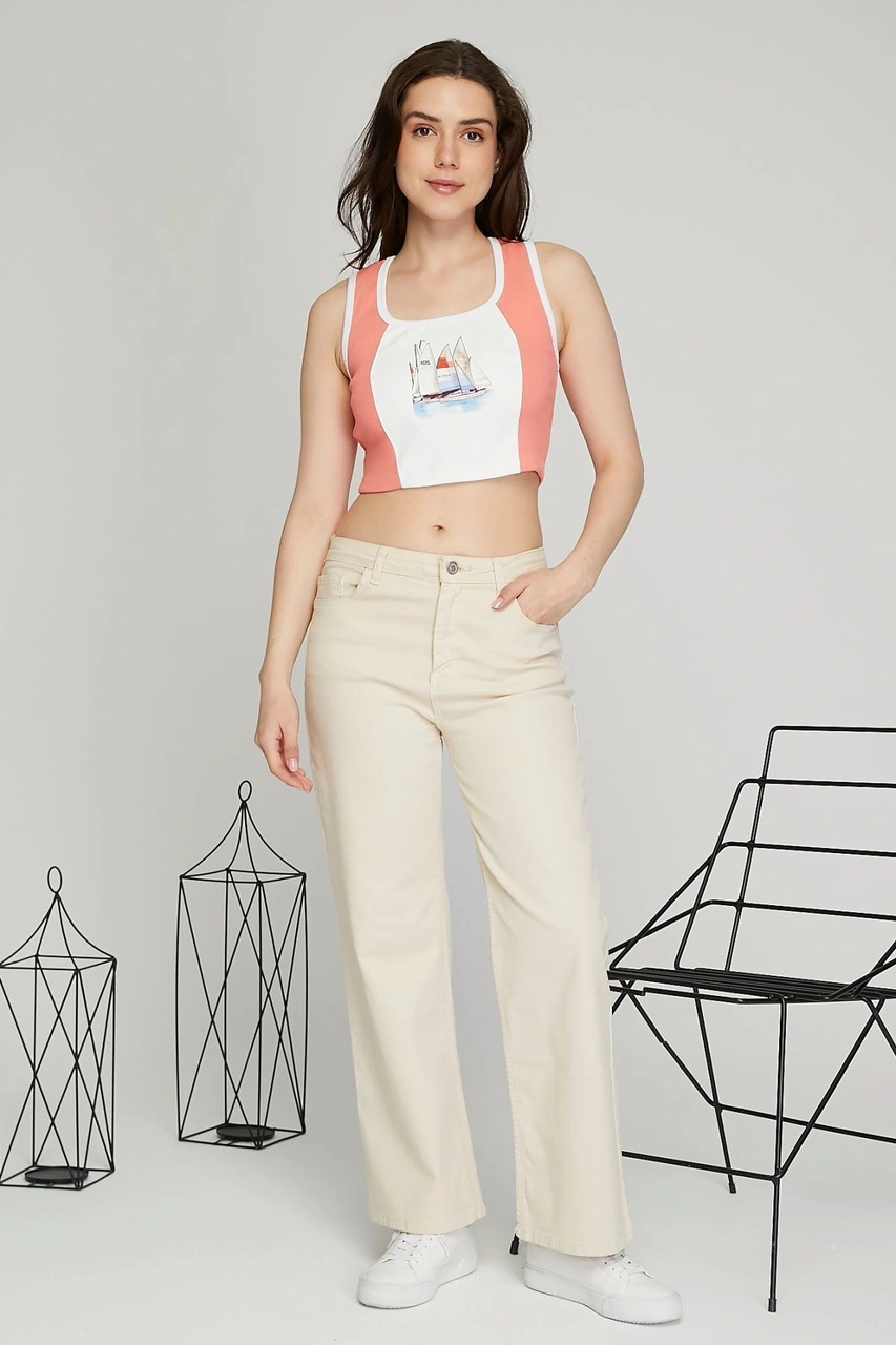 Kadın Deri Crop Ribana Kaşkorse Likralı Deri Garnili Baskılı Crop Büstiyer Deri Üzeri Baskılı Crop Pembe