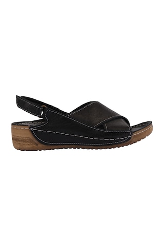 Napa Shoes Hakiki Deri Çapraz Bantlı Arkadan Ayarlı Rahat Taban Dolgu Topuk Kadın Sandalet Napa-311 Siyah