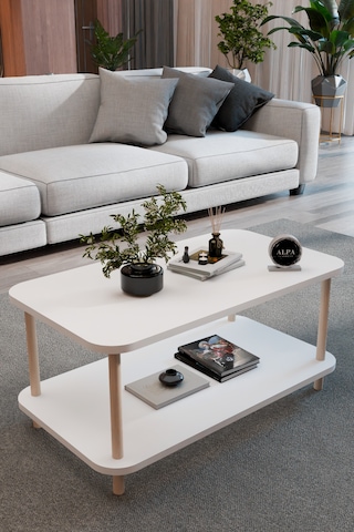 Kare Orta Sehpa 90 Cm 2 Raflı Salon Sehpası Ahşap Ayaklı Dekoratif Sehpa Beyaz