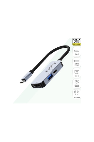 Type-c Çoğaltıcı Hub 3 İn 1 4k Hdmı, 100w Pd Hızlı Şarj, Usb 3.0, Alüminyum Gövde V0301003