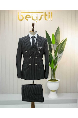 Beystil Sivri Yaka Siyah Çizgili Kruvaze Takım Elbise Bezayak036- Slim Fit Siyah
