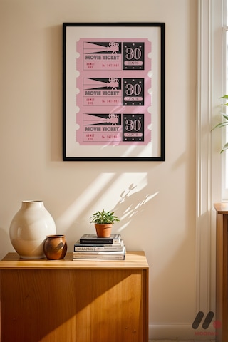 Pembe Sinema Bileti, Siyah Çerçeveli Duvar Tablosu - Modern Ev Dekorasyonu