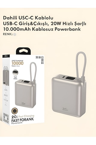 20w Hızlı Şarj Powerbank 10000mah Lcd Ekranlı, Dahili Type-c Girişli Kablolu Taşınabilir Şarj Rose Gold