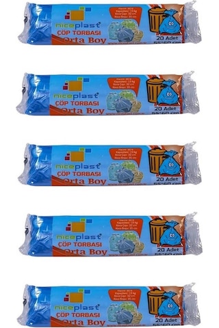 Niceplast Orta Boy Çöp Torbası Poşeti Mavi 30 L 5 x 20'li 55 x 60 CM