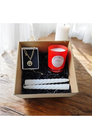 Denic Hediye Seti Kokulu Kırmızı Bardak Mum Yaşam Agacı Kolye Beyaz Burgulu Mum