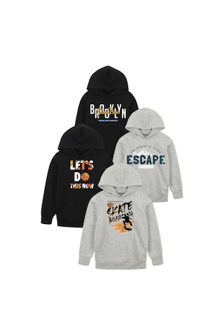 Panios Kids 4'lü Do This-street-sk-world Baskılı Erkek Çocuk Kanguru Cepli Kapüşonlu Sweatshirt Siyah - Gri