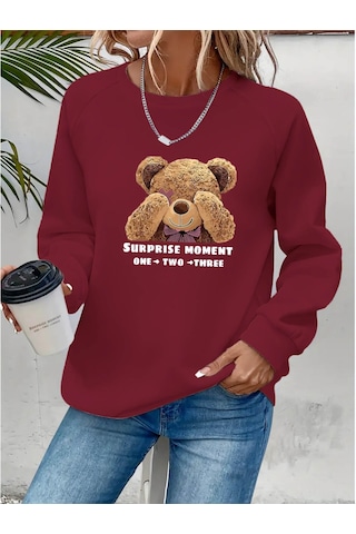 Leyla Sanat Sanata Yeni Bir Bakış Açısı Kadın Uzun Kollu Bisiklet Yaka Ayıcık Desenli Viskon Iki Iplik Bluz Bordo