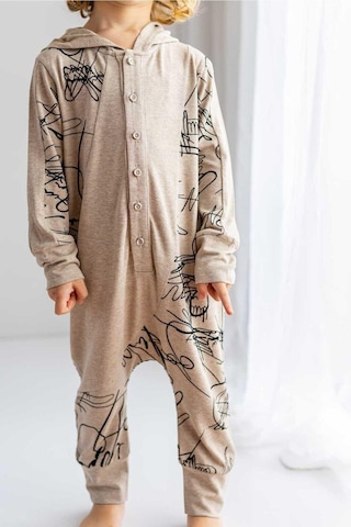Oliven The Kid Oliventhekid Bej Ince Triko Geometrik Desenli Kapişonlu Önden Düğmeli Kışlık Unisex Çocuk Tulum Bej Bej