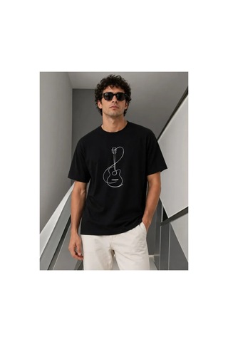 Butik İstanbul Erkek Minimal Gitar Baskılı Tişört T-shirt Yazlık Kısa Kol Bisiklet Yaka T-shirt - Siyah