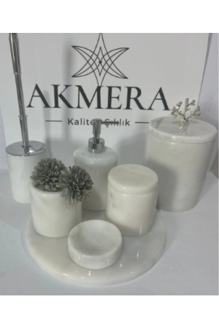 Akmera Elite 7 Parça %100 Gerçek Mermer Banyo Seti beyaz - Krom