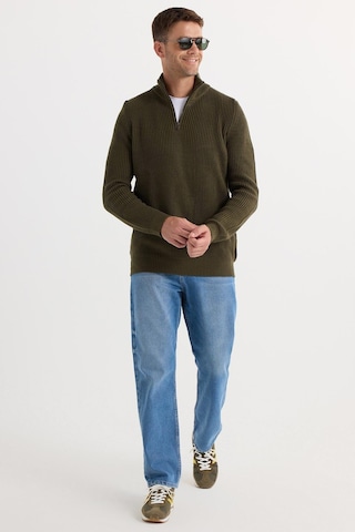 Tudors Erkek Slim Fit Dar Kesim Fermuarlı Haki Dik Yaka Triko Kazak-34923 Haki