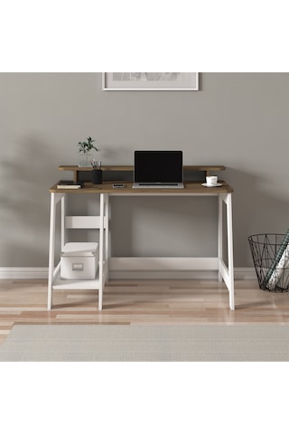 Country Ergonomik Çalışma Masası, Modern Bilgisayar Masası - Beyaz/Antik Ceviz