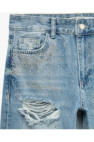 Koton Taşlı Yıpratma Detaylı Cepli Düğmeli Düz Paça Denim Pantolon - Longer Straight Fit Jeans Açık İndigo 7wal40136md