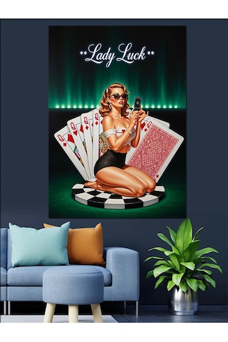 Poker Oynayan Hanımefendi Şansı Dekoratif Kanvas - Mdf Ahşap Tablo