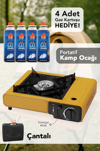 Portatif Kamp Ocağı - Taşıma Çantalı Gazlı Stop Emniyetli Sarı Kamp Ocağı Ve 4 Adet 227 Gr Kartuş Sarı