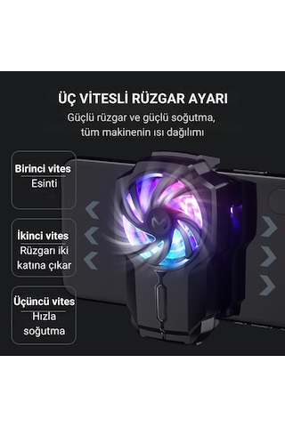 Polham 700mah Şarjlı Rgb Işıklı Sessiz 6000rpm Telefon Soğutucu Fan, Universal 3 Vitesli Süper Soğutucu