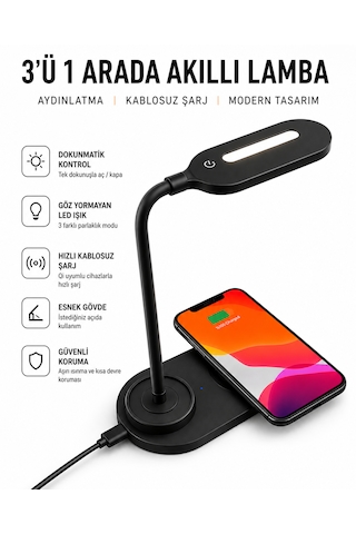 Kablosuz Şarjlı Akıllı Masa Lambası 360 Esnek Gövde Tasarımı Şarj Ve Aydınlatma Bir Arada Diğer