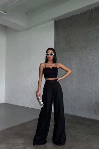 Defymoda Üç Düğme Detayli Palazzo Pantolon Siyah
