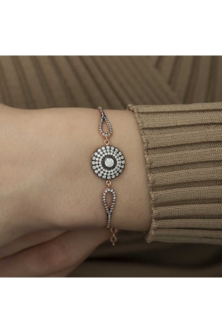 925 Ayar Gümüş Rose Elmas Montür Çiçek Bileklik Gümüş - Rose