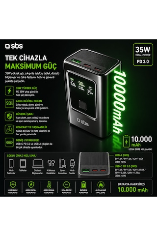 Sbs 10.000 Mah Powerbank 35w Pd Lcd Ekran 2x Usb-c Pd + Usb-a 22.5w Afc Hızlı Şarj Taşınabilir Powerbank Gri