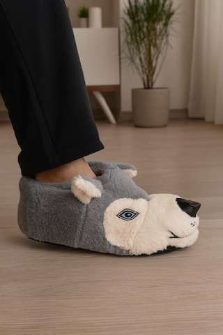 Kurt Figürlü Peluş Panduf Ev Pandufu Unisex Panduf Gri