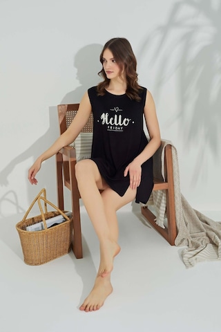 Guava Kadın Bisiklet Yaka Viskon Yırtmaç Detaylı Mini Gecelik Elbise - Homewear Siyah-beyaz