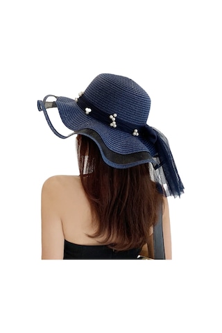 Şık Ve Zarif Bayanlar İçin İnci Detaylı Hasır Örgü Yazlık Güneş Şapkası Mavi