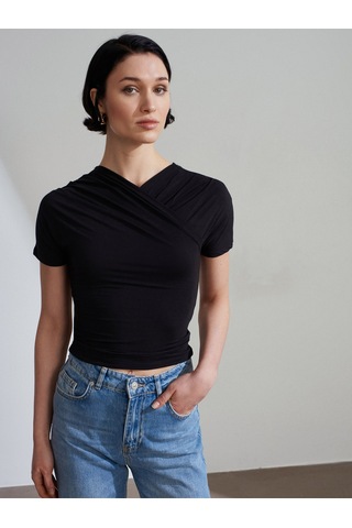 Dilvin 32659 Drapeli Kısa Kollu Top-siyah Bluz - 101a32659