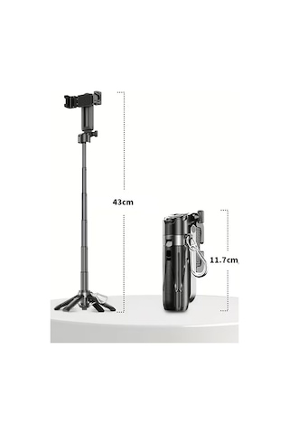 Bluetooth Kumandalı 43cm Tripod Selfie Çubuğu Kızaklı Tasarım