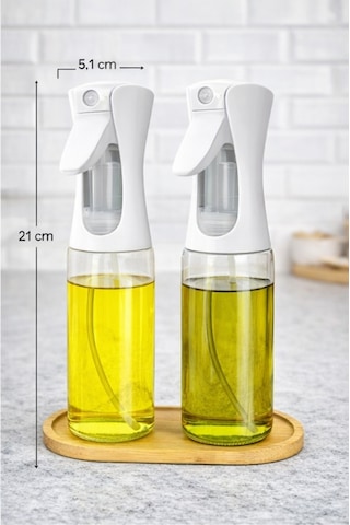 2'li Bambu Altlıklı Sprey Cam Yağdanlık - Airfryer Yağlık Fritöz Yağ Püskürtücü Beyaz 300 Ml Şeffaf