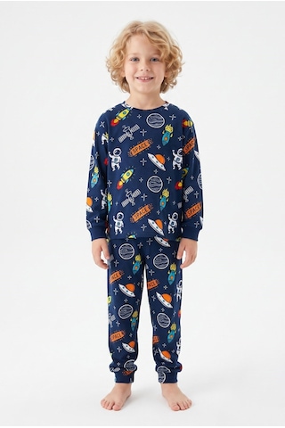 Bunny Hopp %100 Pamuk Interlok Kumaş Erkek Çocuk Pijama Takımı Lacivert Uzay Roket Ve Gezegen Desenli